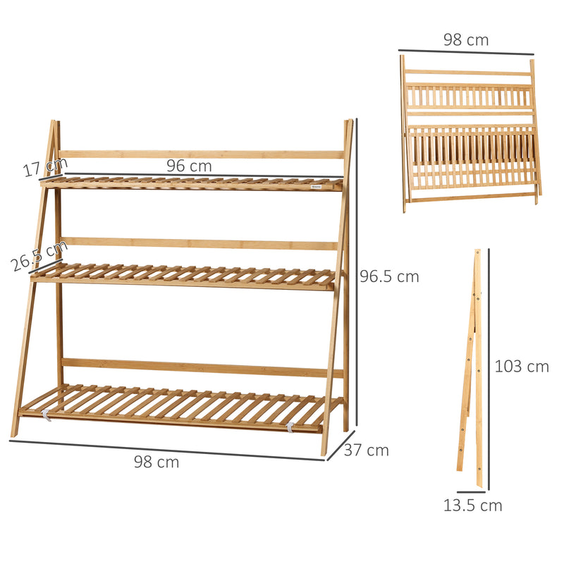 3-Tier Plant Stand, Plant Shelf Rack, Folding Bamboo Display Stand, 98x37x96.5cm, Natural