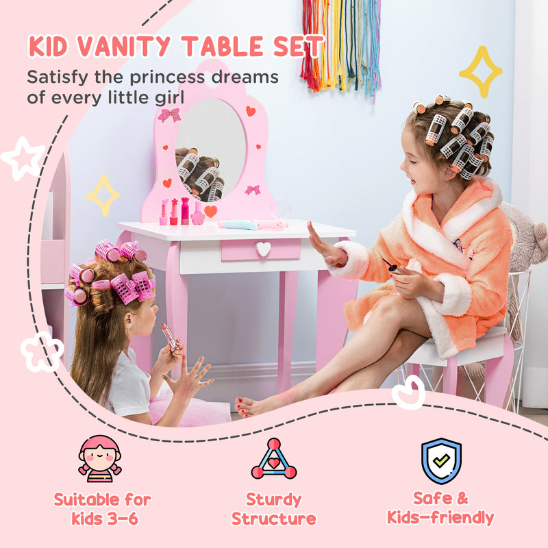 Kids Dressing Table Set Kids Vanity Set Girl Makeup Desk with Mirror Stool Drawer Cute Patterns for 3-6 Years Old, Pink