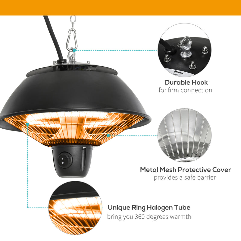 600W Electric Heater Ceiling Hanging Halogen Light with Adjustable Hook Chain Black Aluminium Frame