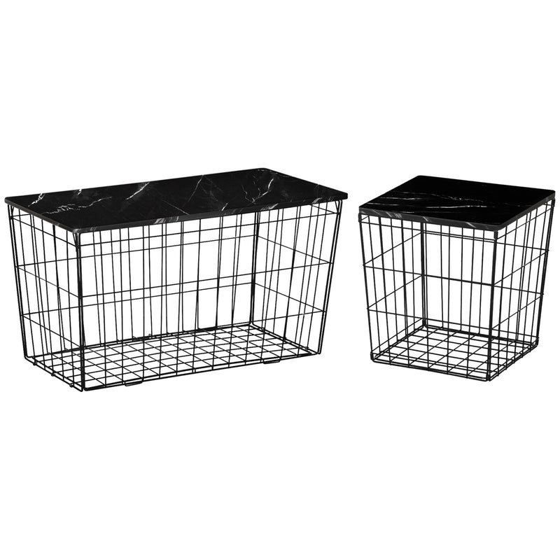 Side Table Set of 2 with Wire Storage Basket, End Tables Coffee Tables with Faux Marble Top for Living Room Bedroom, Black