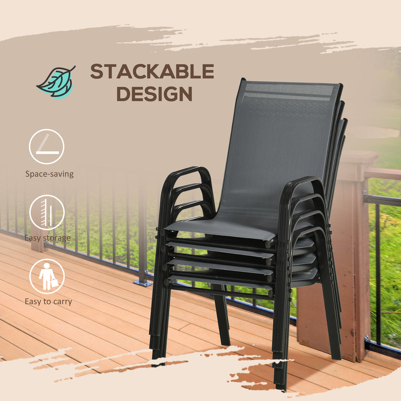Set of 4 Garden Dining Chair Set Stackable Outdoor Patio Furniture Set with Backrest and Armrest, Dark Grey