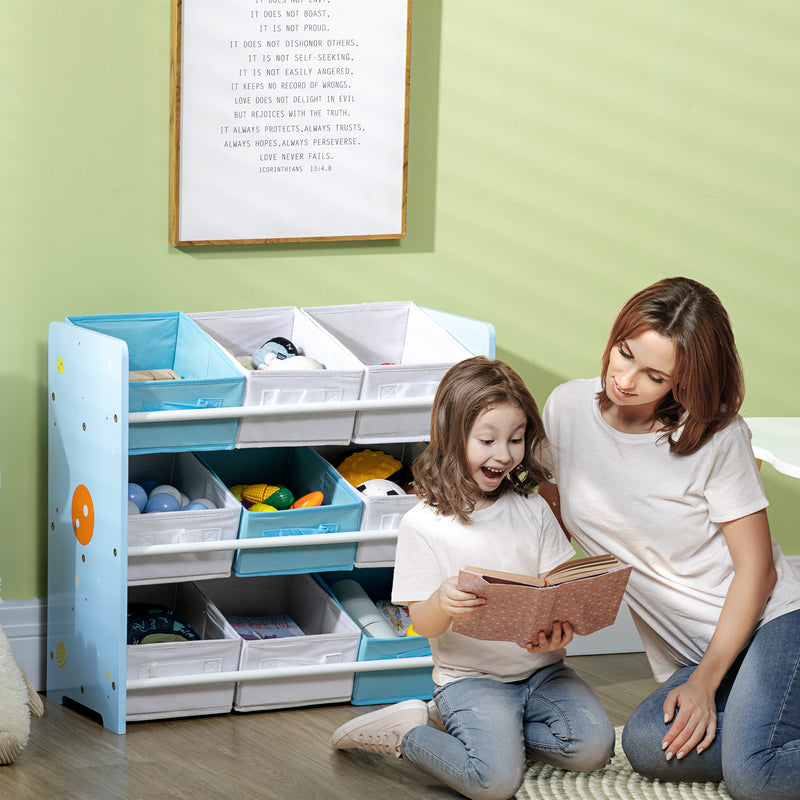 Kids Storage Unit with 9 Removable Storage Baskets, Toy Box Organiser with Shelf, Book Shelf for Nursery Playroom, Blue