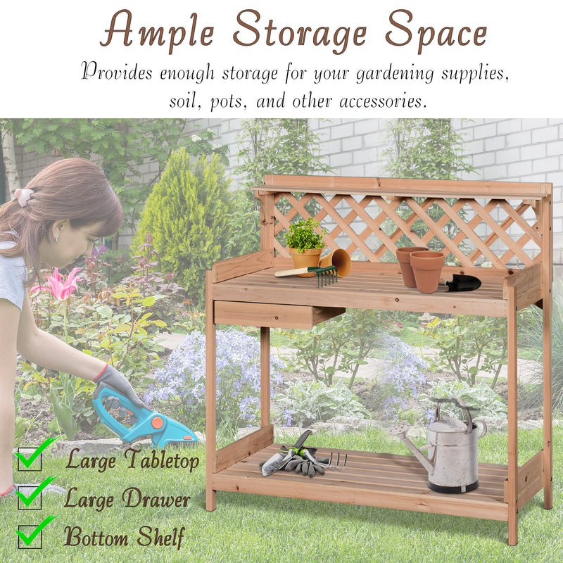 Wooden Garden Potting Table with Drawer Flower Plant Work Bench Workstation Tool Storage Shelves Outdoor Grid