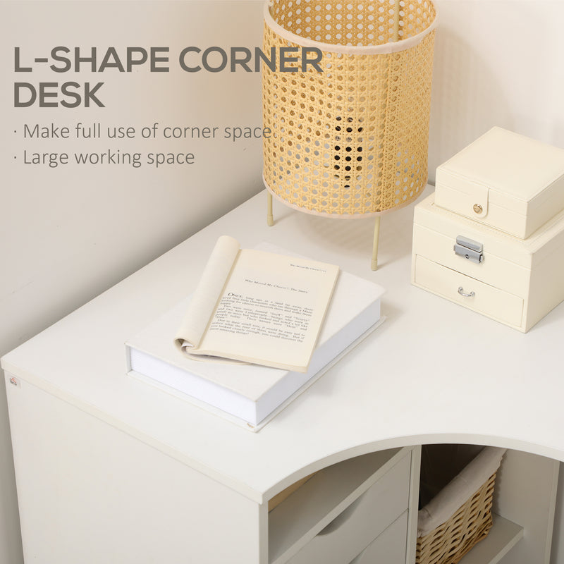 L-Shaped Corner Computer Desk Study Table PC Work w/ Storage Shelf Drawer Smooth Slide Office Home Workstation Space Saving - White