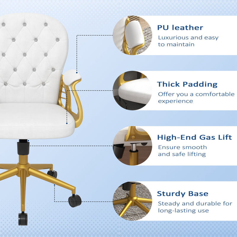 Height Adjustable Home Office Chair, Button Tufted Computer Chair with Padded Armrests and Tilt Function, Cream White