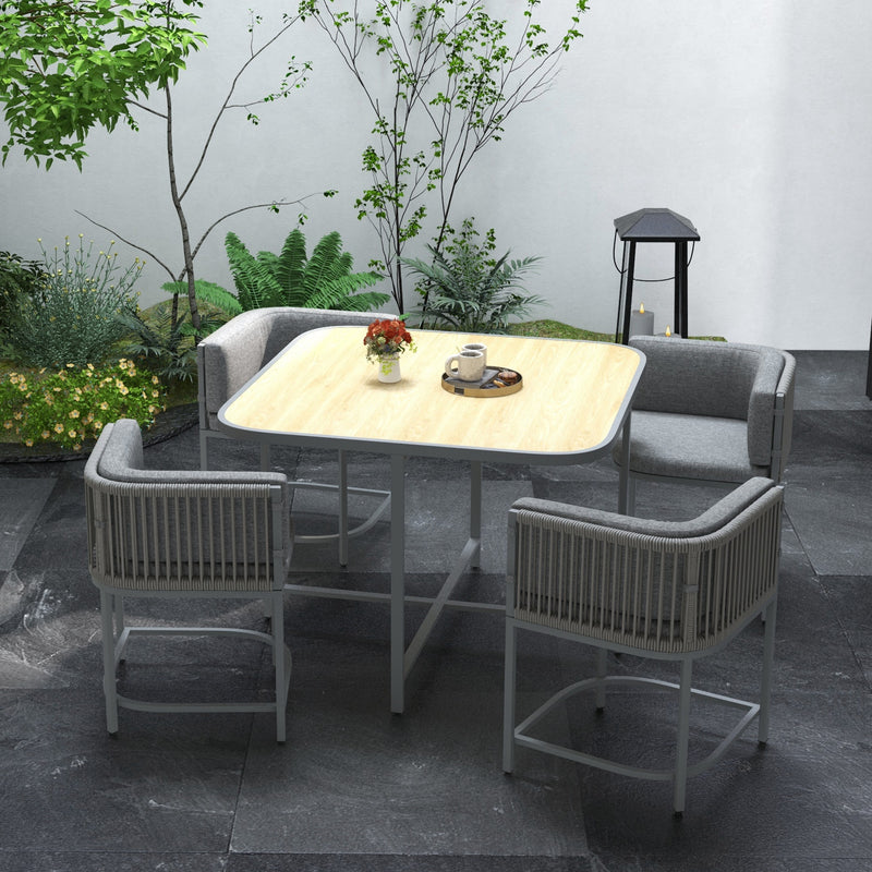 5 Pieces PE Rattan Dining Sets with Cushions, Space-saving Design Rattan Cube Garden Furniture with Stone Composite Board Top, for Indoor & Outdoor, Grey