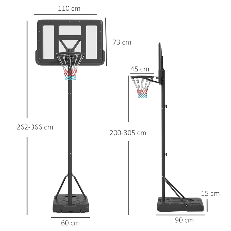 Height Adjustable Basketball Stand Net Set System, Free standing Basketball Hoop and Stand with Wheels, 200-305cm, Black