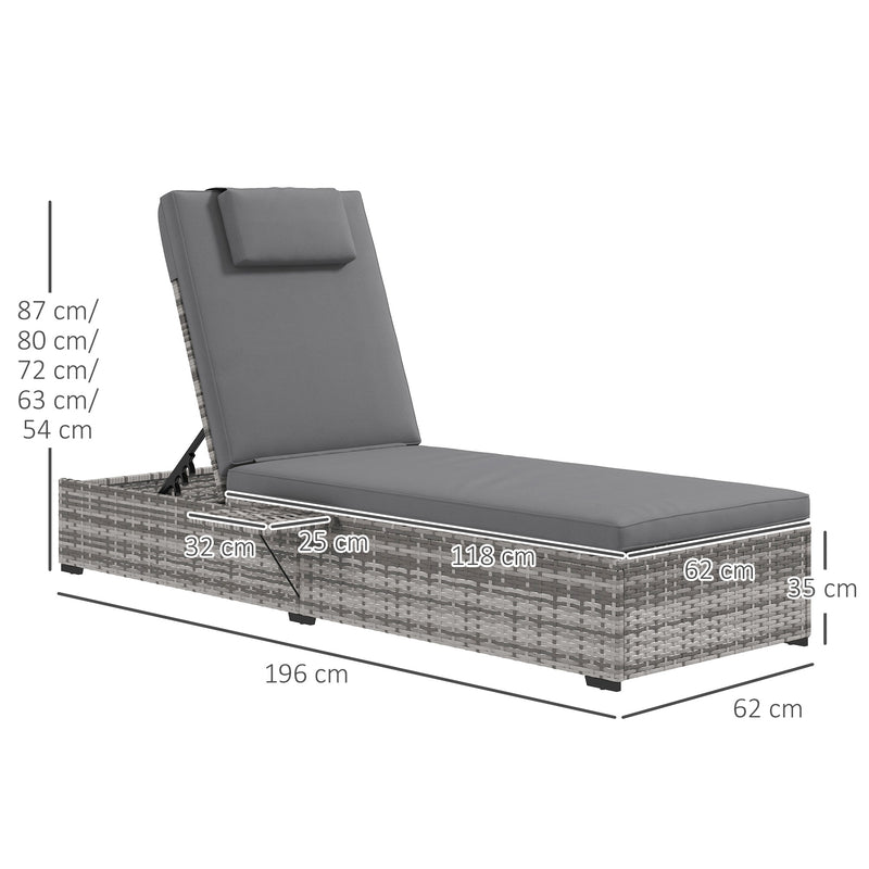 Patio PE Rattan Lounger w/ Cushion, 5-Level Reclining Wicker Rattan Sun Lounger w/ Tea Tray, for Poolside, 120kg Weight Capacity, Grey