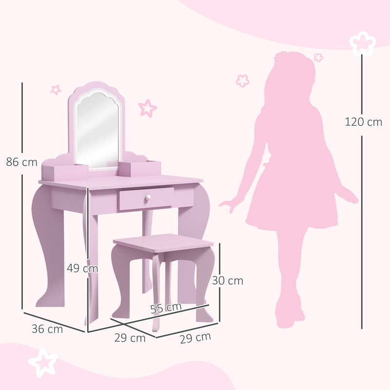 Kids Vanity Table with Mirror and Stool, Cloud Design, Drawer, Storage Boxes, for 3-6 Years Old - Pink