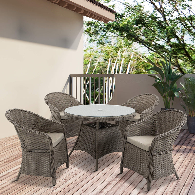 5 Pieces Outdoor Patio PE Rattan Dining Set, Four Seater Garden Furniture - 4 Chairs & Round Table w/ Umbrella Hole, Mixed Grey