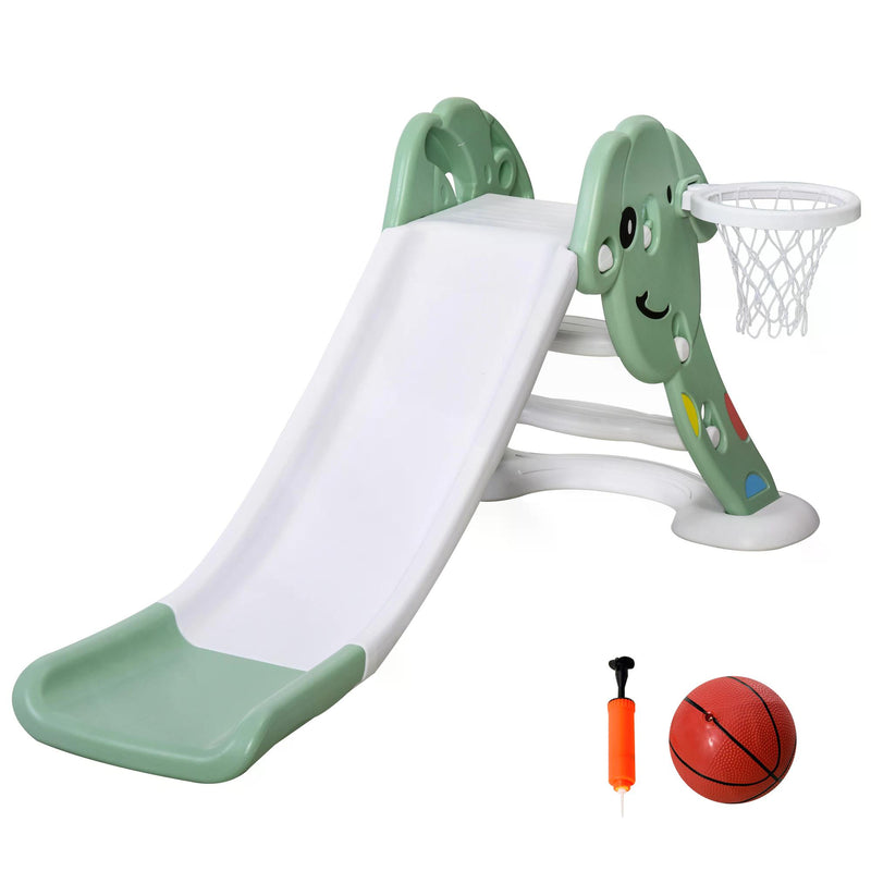 Kids Slide with Basketball Hoop Toddler Climber Freestanding Slider Playset Playground Slipping Slide for 2-6 Years Old Green