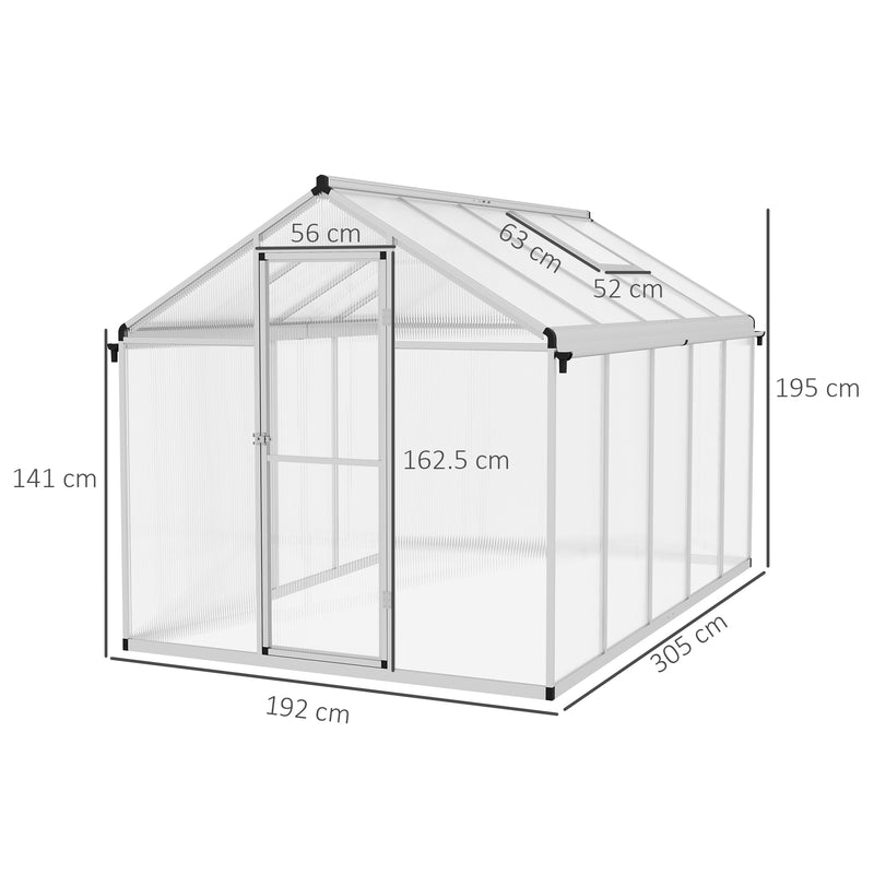 6 x 10ft Polycarbonate Greenhouse with Rain Gutters, Large Walk-In Green House with Window, Garden Plants Grow House with Aluminium