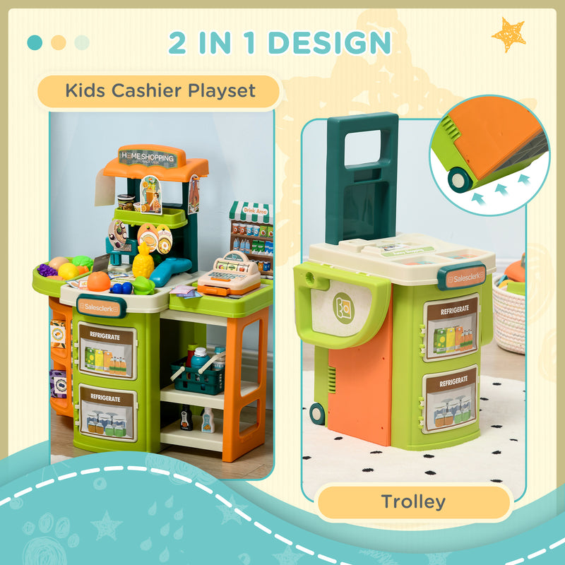 Cash Register for Kids Children Trolley, 58 Pcs Foldable Toy Shop Pretend Play Till w/ Scanner, Beverage Food Vegetable, for Kids Aged 3-6