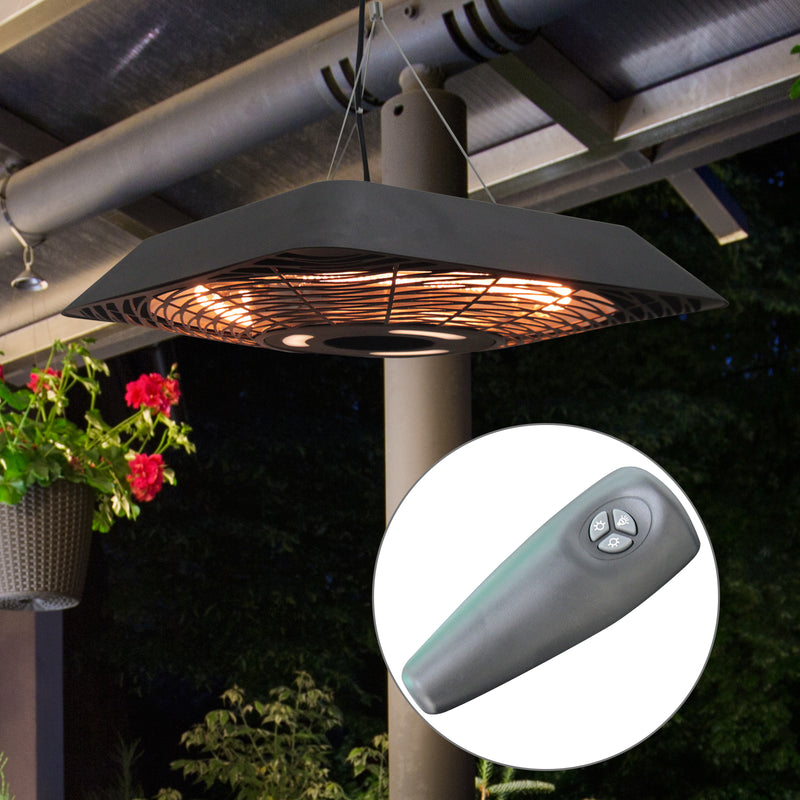 2000W Electric Hanging Patio Heater Ceiling Mounted Halogen Heating Indoor Outdoor with Remote Control Aluminium