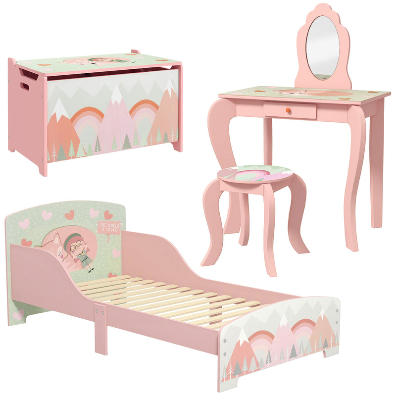 Kids Bedroom Furniture Set Includes Bed Frame, Toy Chest, Dressing Table for Ages 3-6 Years, Pink