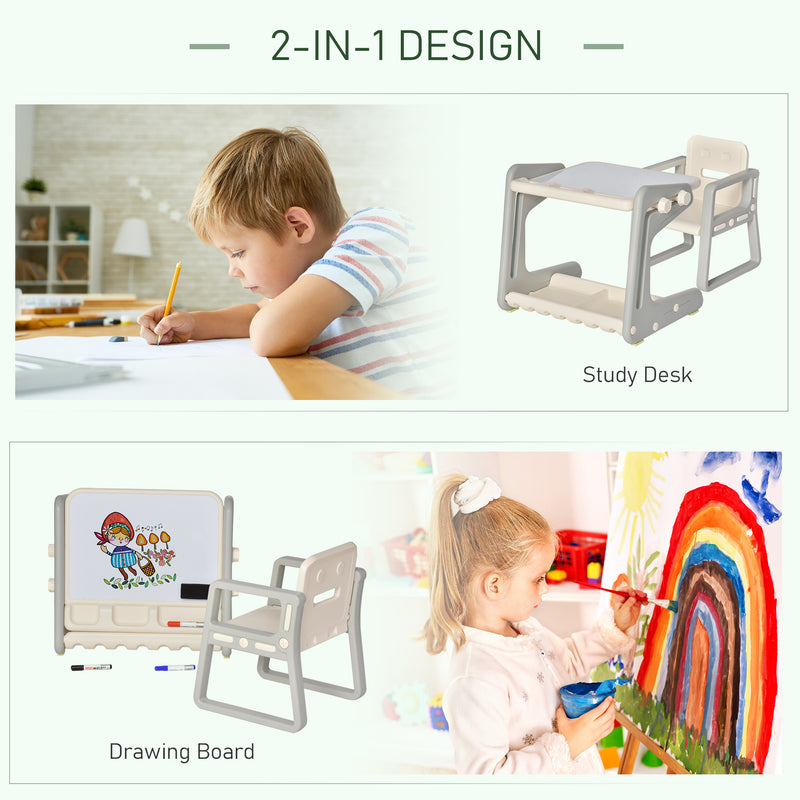 Kids Study Table and Chair Set 2-In-1 Design Drawing Board Writing Desk with Whiteboard Pens Eraser Storage Tray Toddlers Grey/White