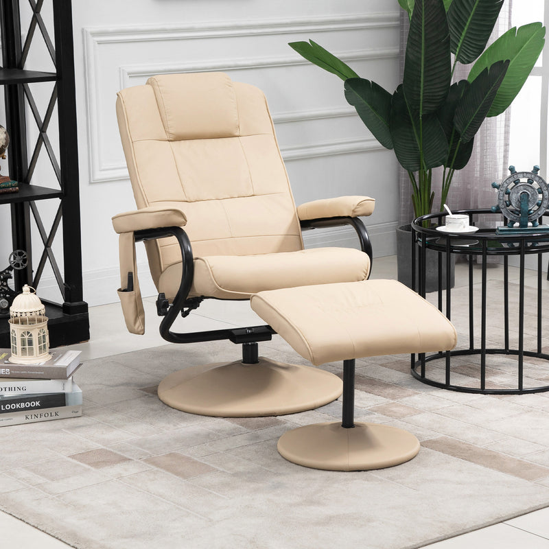 Manual Sofa Reclining Armchair PU Leather Massage Recliner Chair and Ottoman, Cream