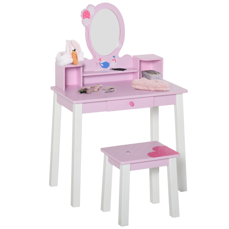 2 PCS Kids Wooden Dressing Table and Stool Girls Vanity Table Makeup Table Set with Mirror Drawers Role Play for Toddlers 3 Year+, Pink White