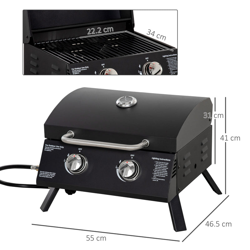 2 Burner Gas Barbecue Grill Garden Portable Tabletop BBQ w/ Folding Legs, Lid, Thermometer, Carbon Steel Body, Black