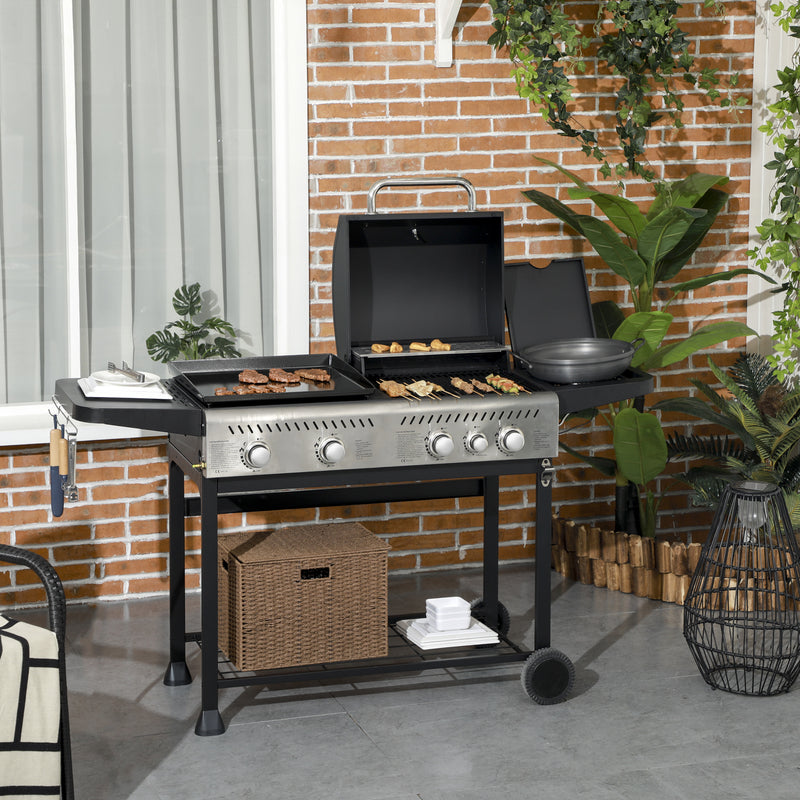 15 kW Gas BBQ Grill and Plancha with Side Burner, Black