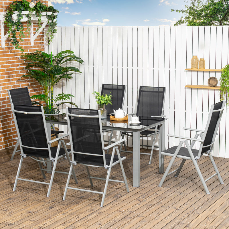 7 Piece Garden Dining Set, Outdoor Table and 6 Folding and Reclining Chairs, Aluminium Frame, Tempered Glass Top Table Texteline Seats Black