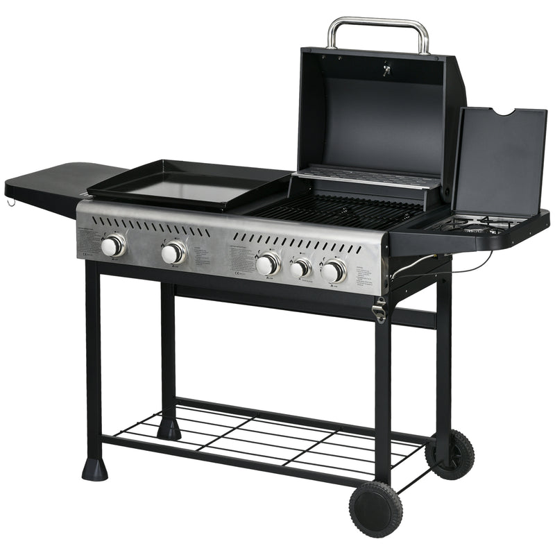 15 kW Gas BBQ Grill and Plancha with Side Burner, Black