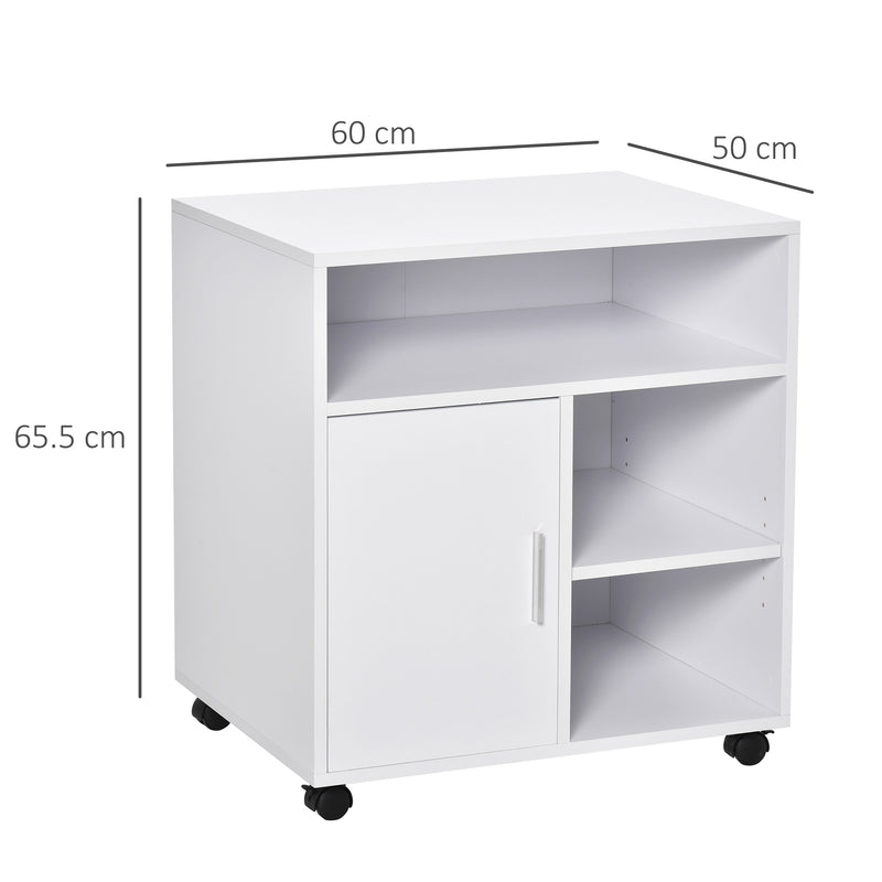 Multi-Storage Printer Stand Unit Office Desk Side Mobile Storage w/ Wheels Modern Style 60L x 50W x 65.5H cm - White