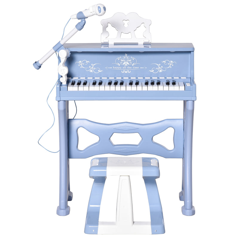 37 Keys Mini Electronic Keyboard Light Kids Musical Instrument Educational Game Children Grand Piano Toy Set w/Stool & Microphone & Music Blue