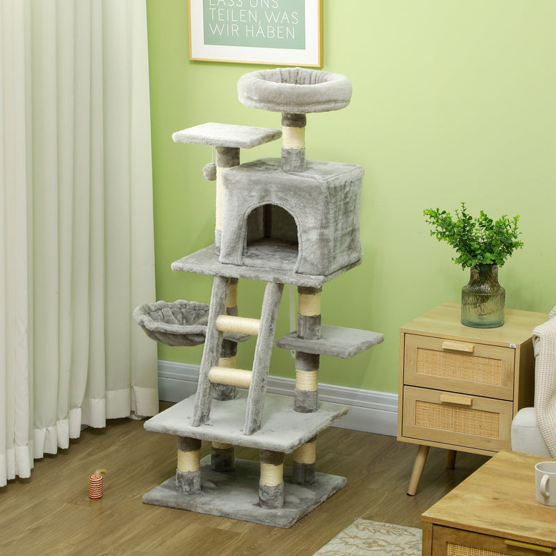 132cm Cat Tree with Scratching Post, House, Hammock, Grey