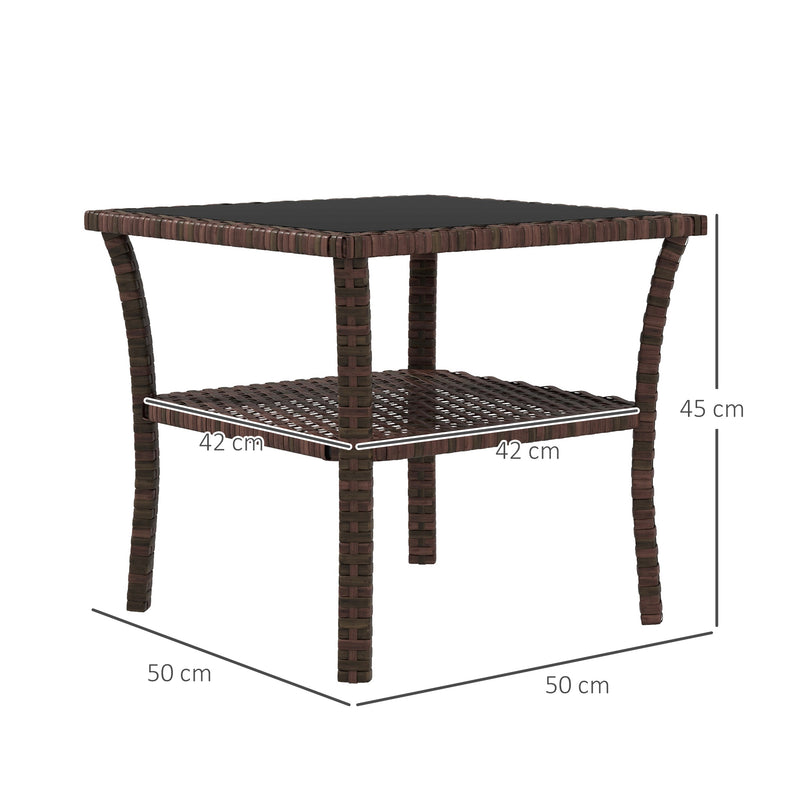 50cm Outdoor PE Rattan Coffee Table, Patio Wicker Two-tier Side Table with Glass Top, for Patio, Garden, Balcony, Brown