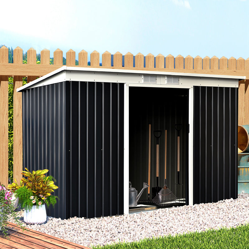 9 x 4 ft Metal Garden Storage Shed Patio Corrugated Steel Roofed Tool Box with Base, Kit Ventilation and Doors, Dark Grey