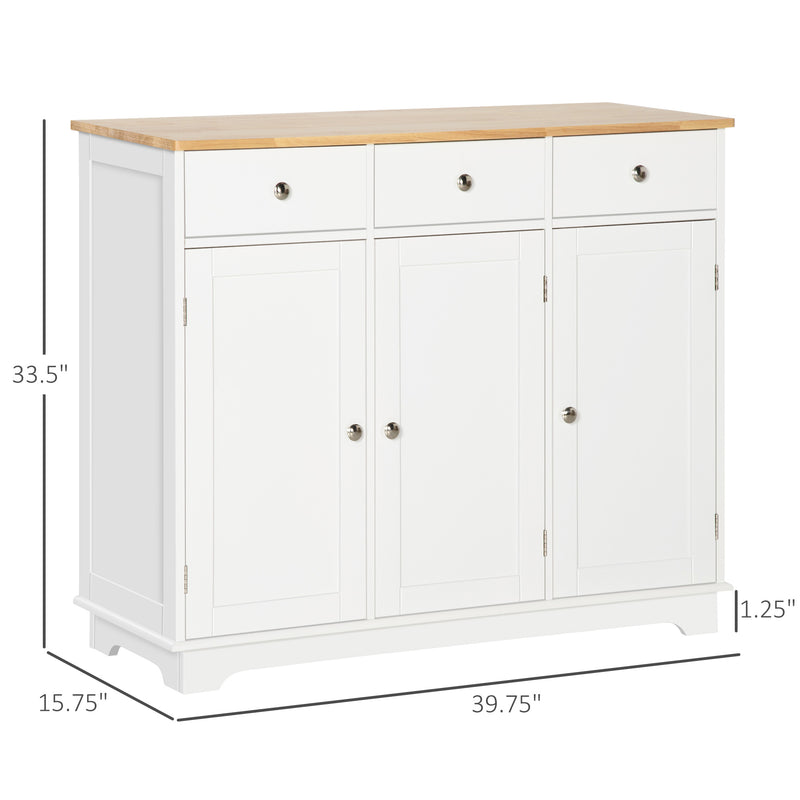 Modern Sideboard with Rubberwood Top, Buffet Cabinet with Storage Cabinets, Drawers and Adjustable Shelves for Living Room, Kitchen, White
