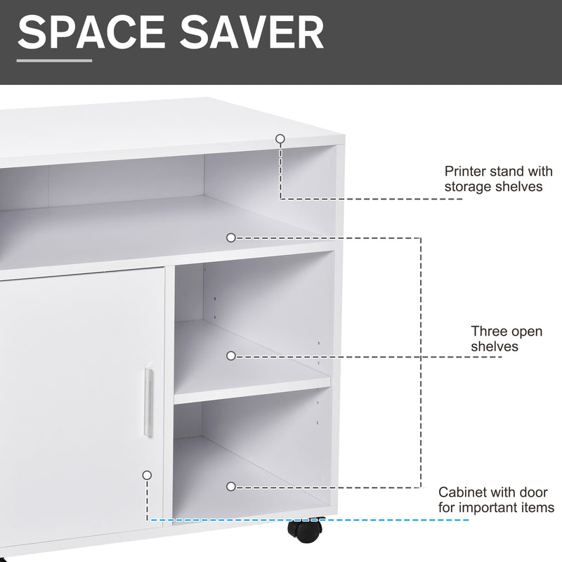 Multi-Storage Printer Stand Unit Office Desk Side Mobile Storage w/ Wheels Modern Style 60L x 50W x 65.5H cm - White