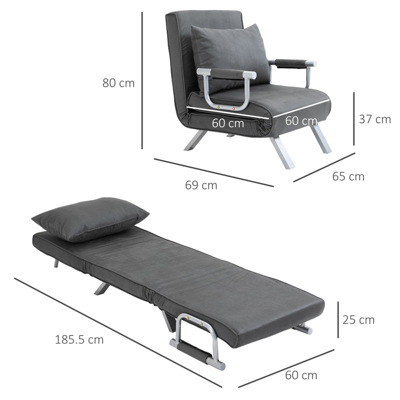 2-In-1 Design Single Sofa Bed Sleeper, Foldable Armchair Bed Lounge Couch w/ Pillow, Dark Grey