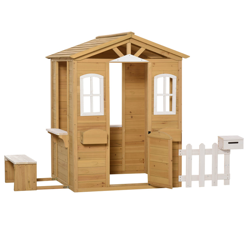 Wooden Playhouse for Outdoor with Door Windows Mailbox Flower Pot Holder Serving Station Bench for Kids Children Toddlers Natural