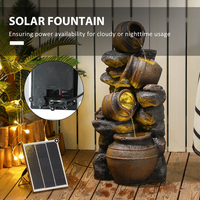 Solar Powered Garden Water Feature with LED Lights and Pump, 4 Tier Cascading Water Fountain for Indoor/Outdoor, Jars Waterfall Ornament, 72cm Height
