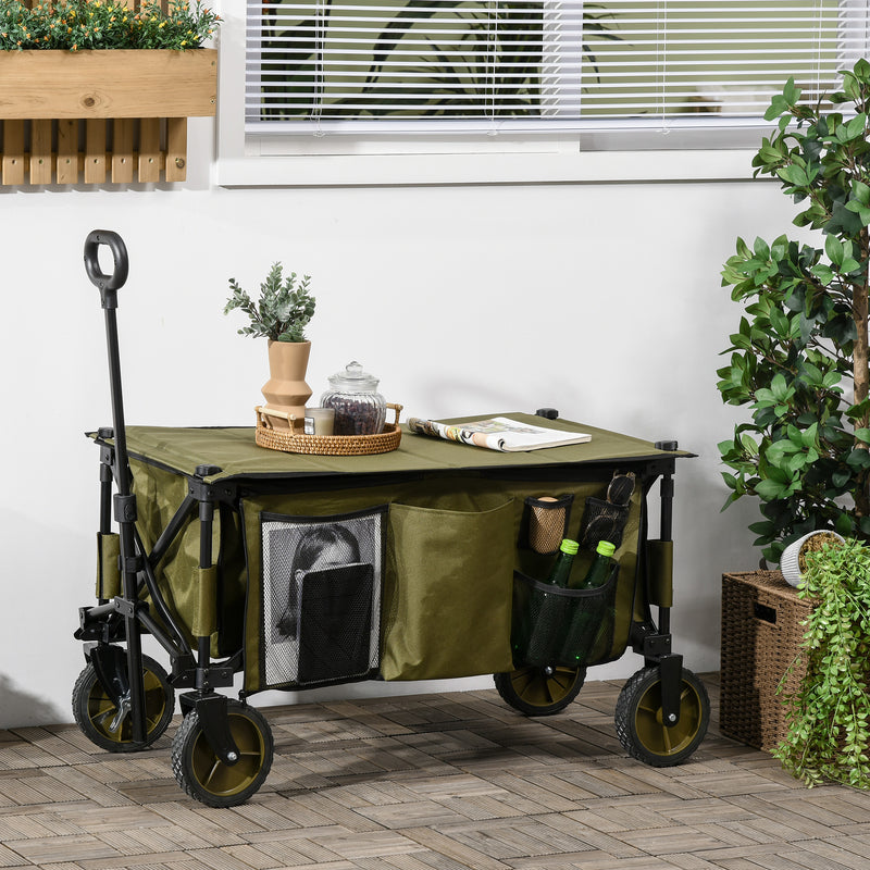 Folding Garden Trolley on Wheels, Collapsible Camping Trolley with Folding Board, Outdoor Utility Wagon with Steel Frame Oxford Fabric Green
