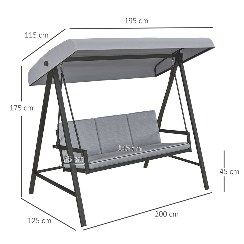 3 Seater Garden Swing Chair, Outdoor Hammock Bench with Adjustable Canopy, Removable Cushions and Steel Frame, Grey