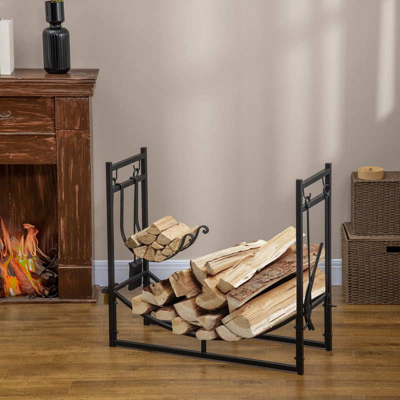 Firewood Stand Log Rack Holder 84cm with 4-PC Fireplace Tools Set, Indoor Outdoor, Metal, Black