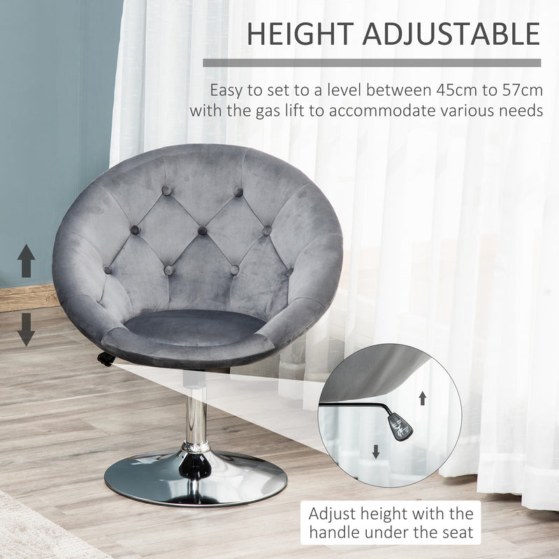 Modern Dining Height Bar Stool Velvet-Touch Tufted Fabric Adjustable Height Armless Tub Chair with Swivel Seat, Grey