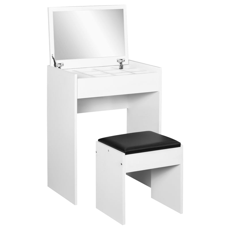 Dressing Table Set Padded Stool Dresser with Flip-up Mirror Multi-purpose - White