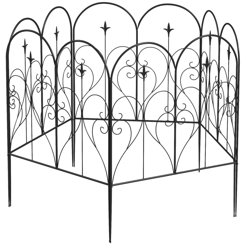 Metal Decorative Outdoor Picket Fence Panels Set of 5, Heart-shaped Scrollwork, Black