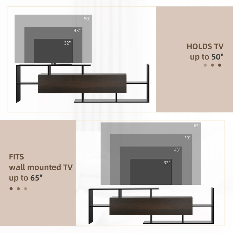 Modern TV Cabinet with Wall Shelf, TV Unit with Storage Shelf and Cabinet, for Wall-Mounted 65" TVs, Living Room Bedroom, Black and Dark Brown