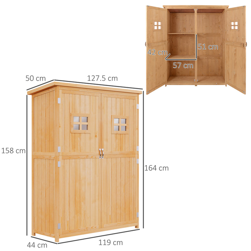 Wooden Garden Storage Shed Tool Cabinet Organiser with Shelves, Two Windows, 127.5 x 50 x 164 cm, Natural
