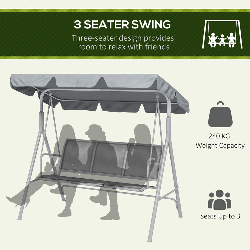 Metal Garden Swing Chair, 3-Seater Swing Seat, Patio Hammock Bench Canopy Lounger, Light Grey