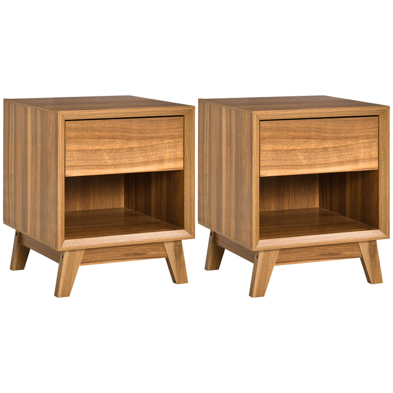 Modern Bedside Table Nightstand, Living Room End Table, Side Table with Drawer and Shelf, Set of 2, Walnut Brown