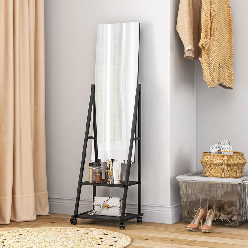 Free Standing Dressing Mirror, Rolling Full Length Mirror on Wheels with Adjustable Angle, Storage Shelves for Bedroom