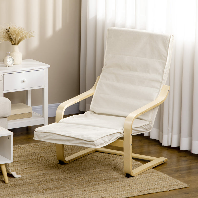Wooden Lounging Chair Deck Relaxing Recliner Lounge Seat with Adjustable Footrest & Removable Cushion, Cream White