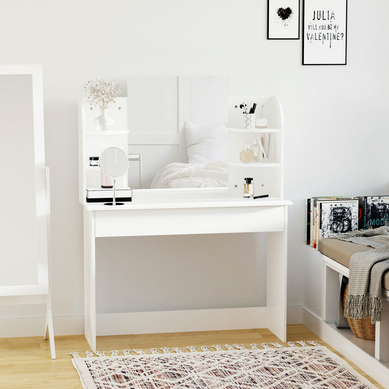 Modern Dressing Table Writing Desk W/ Mirror, Big Drawers, 2-Tier Open Shelf For Home Bedroom White