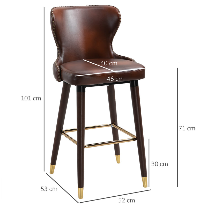 Bar Stools Set of 2, PU Leather Vintage Counter-Height Bar Chair, Luxury European Style Kitchen Stools with Back, Brown